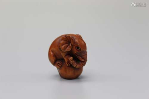 Elephant, Japanese wood carving, Masakazu mark.
