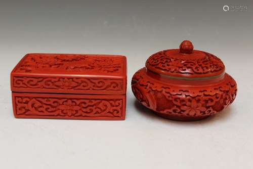 Chinese cinnabar box and covered jar.