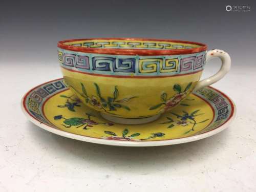 Chinese export famille rose porcelain cup and saucer.