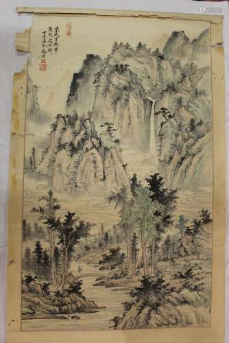 Chinese Watercolor and Ink Painting Scroll on silk.