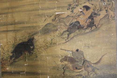 Antique Japanese painting on silk, Hunting scene,