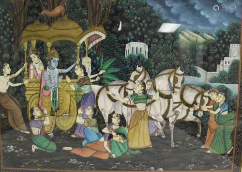 Indian painting on silk, framed.