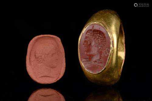 A ROMAN JASPER MERCURY INTAGLIO GOLD RING