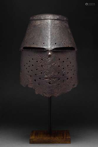 A MEDIEVAL IRON GREAT HELMET