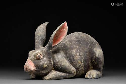 A RARE CHINESE HAN DYNASTY TERRACOTTA BLACK RABBIT WITH TL T...