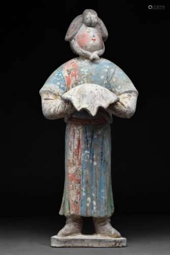 A CHINESE TANG DYNASTY TERRACOTTA WASHING ATTENDANT WITH TL ...