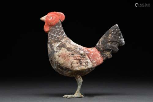 A CHINESE WESTERN HAN DYNASTY TERRACOTTA ROOSTER WITH TL TES...