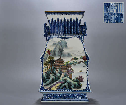 Chinese powder enamel square vase with two ears in qing Dyna...