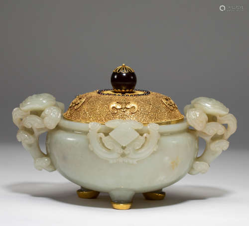Chinese Qing Dynasty Hetian jade pure gold incense burner