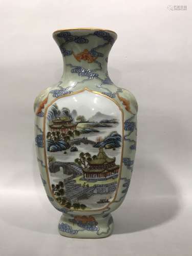 Celadon ground and fencai glaze vase