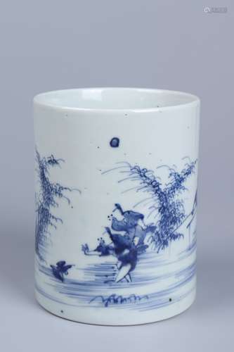 A blue and white brush pot