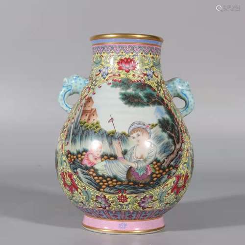 A fencai glaze kids at plays vase