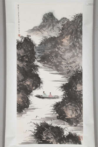 A Boating Painting on Paper by Fu Baoshi.