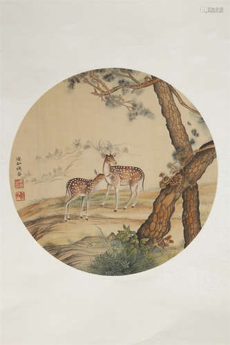 A Pine and Deer Painting on Silk by Ma Jin.