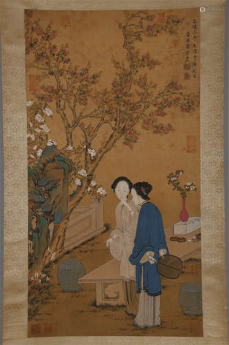 A Maids Painting on Silk by Tang Bohu.