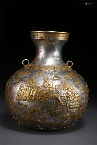 A Copper Pot with Figure Motif, Partly Gilt.