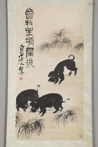 A Pigs Painting on Paper by Qi Baishi.