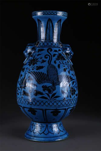 An Ink Porcelain Bottle with Phoenix Design.