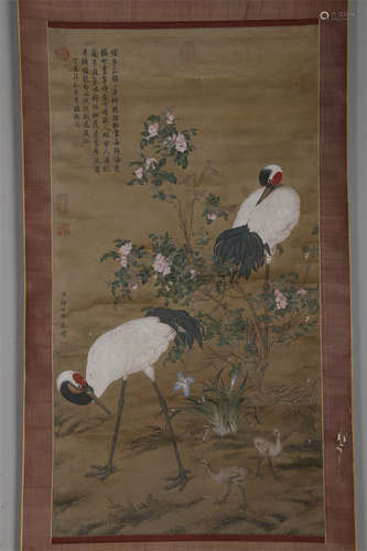 A Cranes Painting on Silk by Lang Shining.