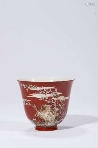Red Glaze Bamboo and Rock Cup, Daoguang Mark