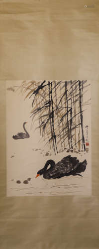 Chinese Swan Painting Hanging Scroll, Wu Zuoren Mark