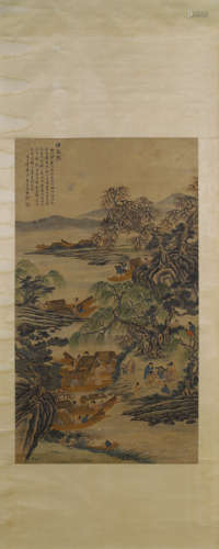 Chinese Fishing Painting Hanging Scroll, Bao Dong Mark