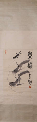 Chinese Fishing Painting Hanging Scroll, Chen Dayu Mark