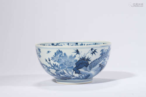 Blue and White Flower and Bird Bowl, Kangxi Mark