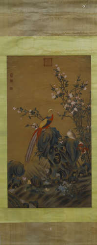 Chinese Flower and Bird Painting Hanging Scroll, Lang Shinin...