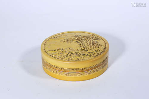 Yellow Glaze Incised Landscape and Figure Box and Cover, Qia...