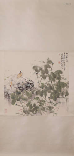Chinese Fish Painting Hanging Scroll, Wang Mingming Mark