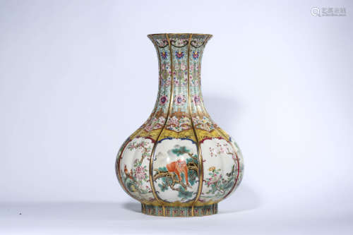 Famille Rose Ridged Melon Vase, Qianlong Mark