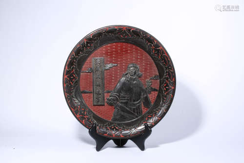 Carved Red Lacquer Figure and Inscription Plate