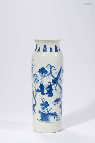 Blue and White Figure with Pine, Bamboo and Plum Sleeve Vase