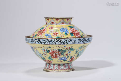 Bronze ‘Huafalang’ Enamel Painted Flower Bowl and Cover