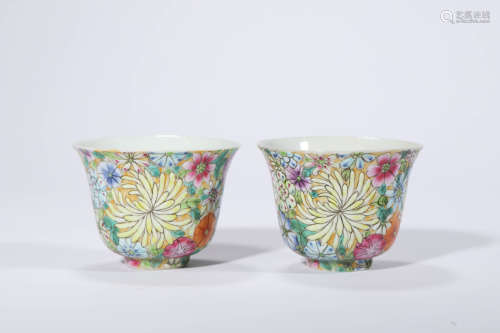 A Pair of Famille Rose Flower Cups, Qianlong Mark