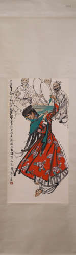 Chinese Female Painting Hanging Scroll, Shi Guoliang Mark
