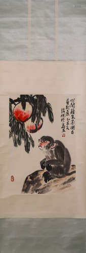 Chinese Monkey Painting, Hanging Scroll, Zhang Peng Mark
