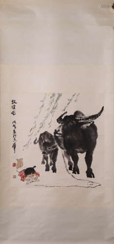 Chinese Oxherding Painting Paper Scroll, Zhang Guang Mark