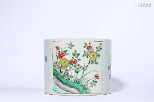 Wucai Flower and Bird Brush Pot, Marked