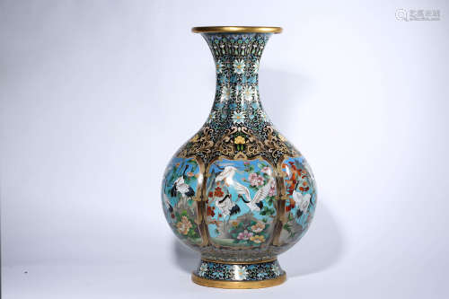 Bronze Cloisonne Enamel Crane Bottle Vase