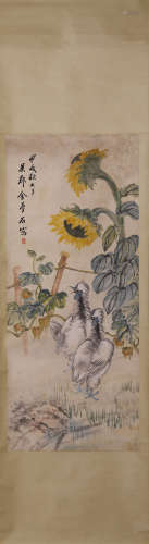 Chinese Sunflower Painting Hanging Scroll, Jin Mengshi Mark