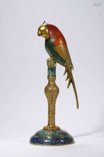 Gilt Bronze Cloisonne Enamel Parrot Ornament, Qianlong Mark