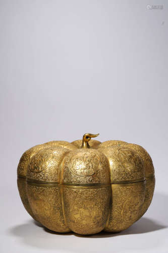 Gilt Bronze Incised Flower and Figure Ridged Melon Box and C...