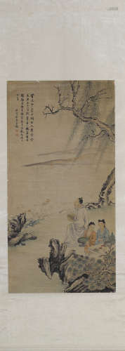 Chinese Figure of Scholar Painting Hanging Scroll, Yu Ji Mar...