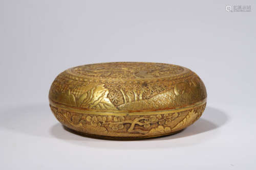 Gilt Bronze Pine, Bamboo and Plum Crane Box and Cover