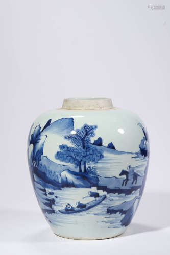 Blue and White Landscape and Figure Jar