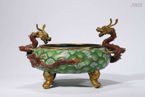 Gilt Bronze Cloisonne Enamel Double Dragon Eared Censer