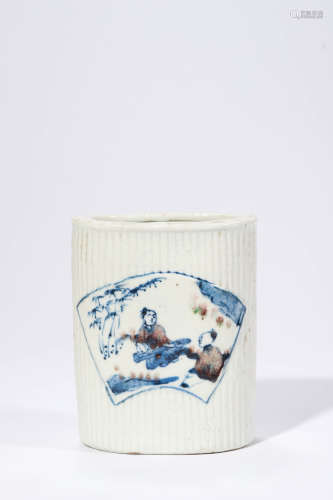 Blue and White Underglaze Red Figure Bamboo Joint Brush Pot