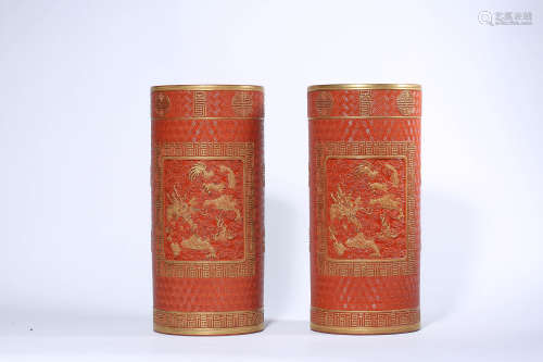 A Pair of Red Glaze Lacquer Imitation Sleeve Vases, Qianlong...